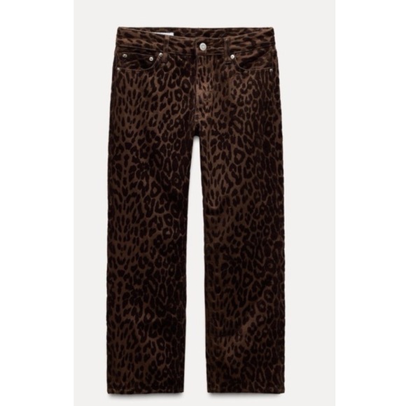 Zara Denim - Zara Mid-RiseStraight Crop Leg Flocked Jeans Brown Animal Print Womens Size 6